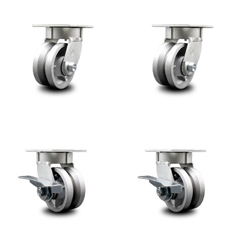 Service Caster 4 Inch Kingpinless V Groove Semi Steel Wheel Swivel Caster Set with 2 Brakes SCC SCC-KP30S420-VGR-2-SLB-2